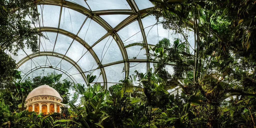 Prompt: a cinematic wide angle photo of a glass dome centred in frame only big enough for 1 person to stand inside, the dome is in a tropical jungle at dusk