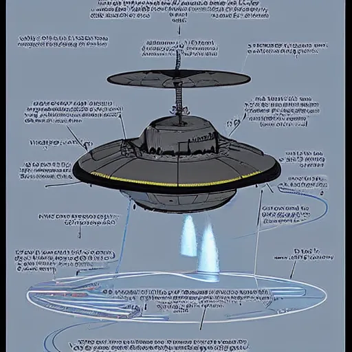 Prompt: a highly detailed technical schematic, blue - print, of a ufo propulsion system, for dummies, english texts, anti - gravity