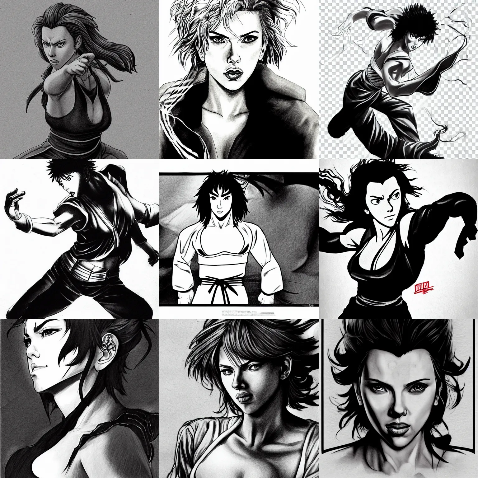 Prompt: scarlett johansson as kung - fu master, baki anime style, realistic black and white, pencil and ink, dramatic lighting, full body profile