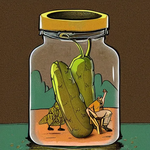 Prompt: man living inside a pickle jar, illustration by fergus hall