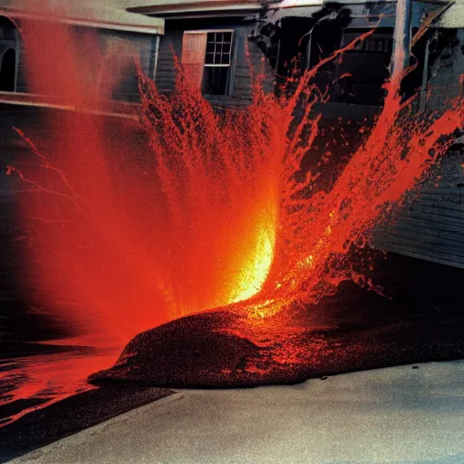 Image similar to molten lava flowing down a suburban street in America. Photo by Annie Liebowitz