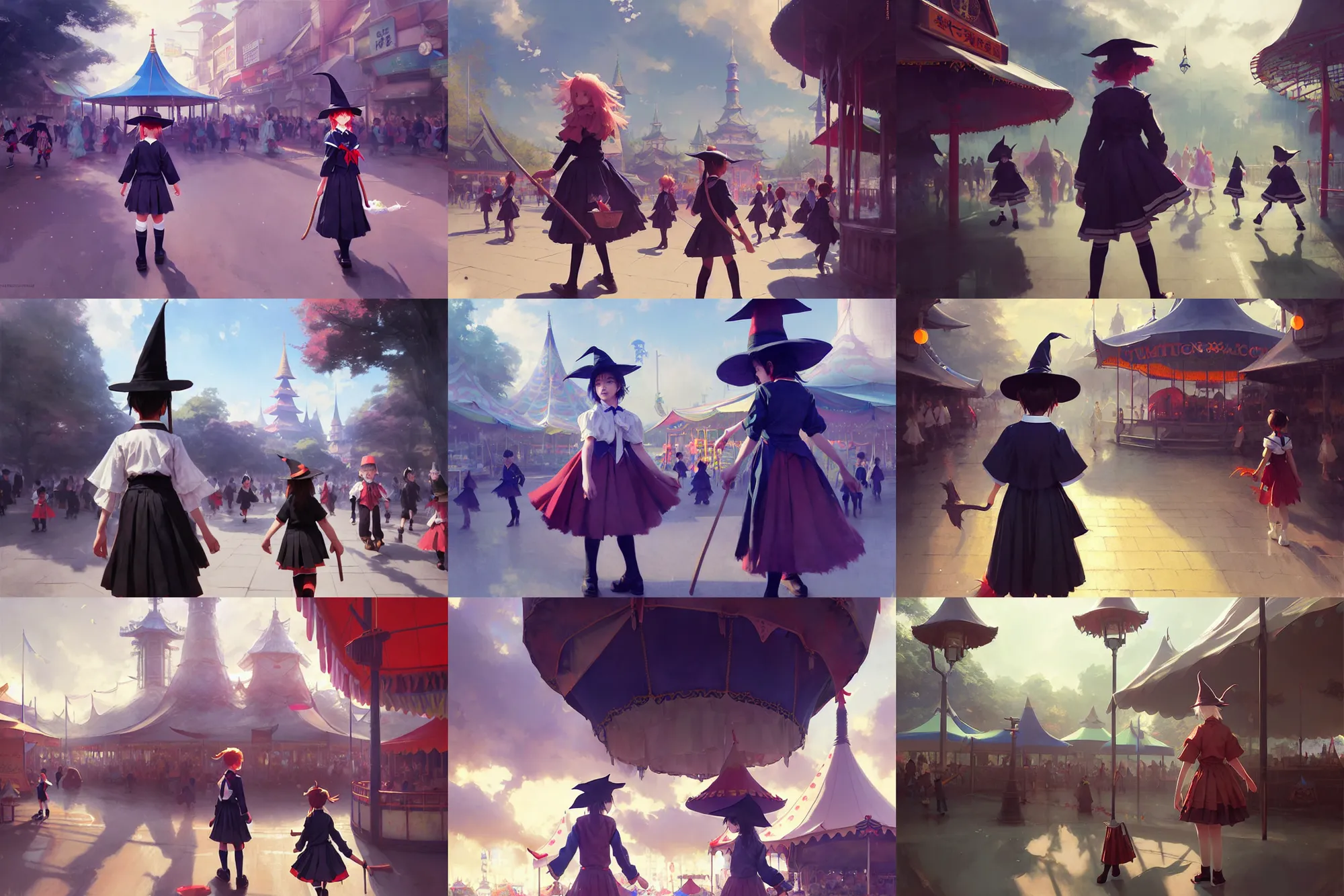 Image similar to young student witch wearing magic school uniform patrolling around small town carnival amusement, food stalls, big top circus tent, highly detailed, magical, japan, digital painting, concept art, matte, art by ruan jia and wlop and greg rutkowski and makoto shinkai, masterpiece