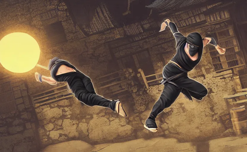 Image similar to highly detailed, high contrast digital illustration of ninja shinobi running parkour, in the in old, japanese village from sengoku period, cinematic lighting, raytracing, volumetric lighting