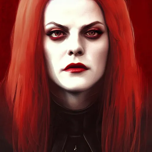Prompt: portrait of riley keough in bloody business suit, blood red eyes, vampire fangs, fantasy, intricate, elegant, highly detailed, digital painting, artstation, concept art, matte, sharp focus, illustration, art by aenaluck and roberto ferri and greg rutkowski, epic fantasy, digital painting