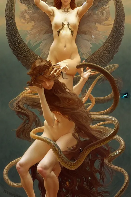 Image similar to group of angels dancing with snakes, fantasy, amber eyes, face, long hair, intricate, elegant, highly detailed, digital painting, artstation, concept art, smooth, sharp focus, illustration, art by artgerm and greg rutkowski and alphonse mucha