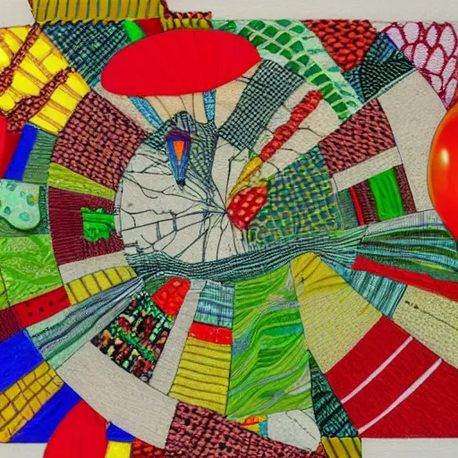 Image similar to a balloon from above, made from patchwork of several pattern cloths, over a landscape of different vegetable crops and some trees. High quality, colored pencil drawing, award winning, nostalgic