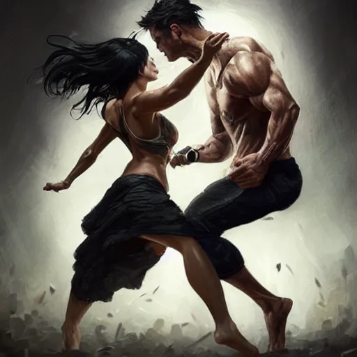 Prompt: an action photo of a black haired woman in a black tank top fighting a man, muscular upper body, abs, d & d, fantasy, intricate, elegant, highly detailed, digital painting, artstation, concept art, smooth, sharp focus, illustration, art by artgerm and greg rutkowski and alphonse mucha