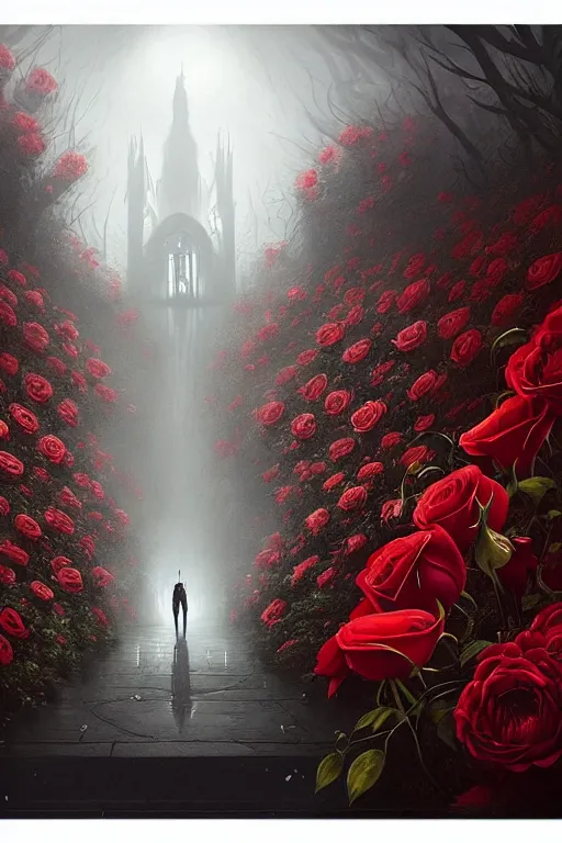 Prompt: poster style, a beautiful and terrifying painting with high details of reaper's garden with red fluid white roses in the foreground, movie atmosphere, movie lights, 8 k, light effect, rtx on, trending on artstation, by kilian eng, lee madgwick, bastien lecouffe - deharme