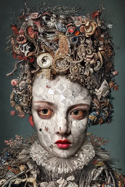 Image similar to Detailed maximalist portrait with large lips and wide white eyes, angry expression, HD 3D mixed media collage, highly detailed and intricate illustration in the style of Caravaggio and James Jean, surreal dark art, baroque