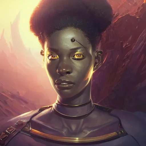 Image similar to african space pirate, science fiction, highly detailed, digital painting, beautiful eyes, symmetry, concept art, sharp focus, illustration, global illumination, radiant light, detailed and intricate environment, art by artgerm and greg rutkowski and magali villeneuve and ilya kuvshinov!