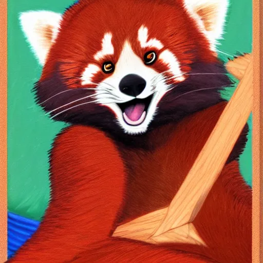 Prompt: commissioned full body portrait of an anthro!! red panda waking up in bed! and yawning! and stretching!, trending on furaffinity,