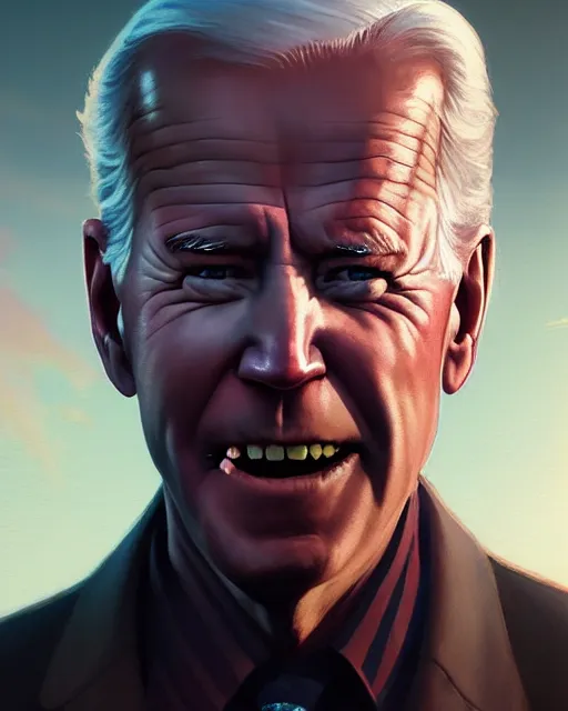 Image similar to highly detailed vfx portrait of a ferocious joe biden, stephen bliss, unreal engine, greg rutkowski, loish, rhads, beeple, makoto shinkai and lois van baarle, ilya kuvshinov, rossdraws, tom bagshaw, alphonse mucha, global illumination, detailed and intricate environment