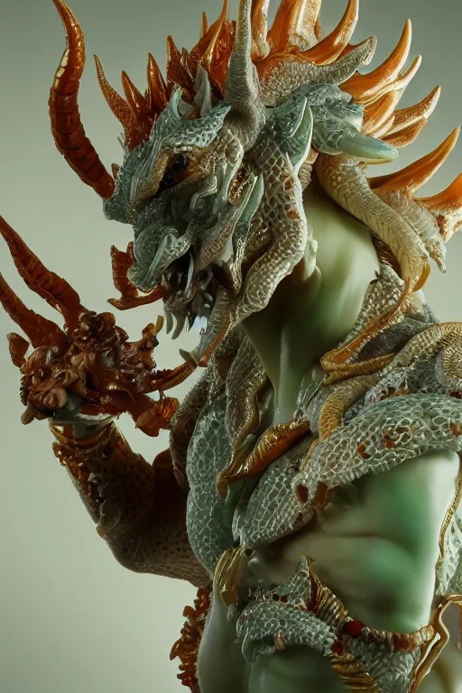 Image similar to a closeup portrait photo, alabaster and jade real delicate ceramic porcelain sculpture of an ornate detailed humanoid dragon demon devil god in front of an intricate background by rafael, micro detail, backlit lighting, subsurface scattering, translucent, thin porcelain, emerald, flames, amber, octane renderer, colorful, physically based rendering, trending on cgsociety