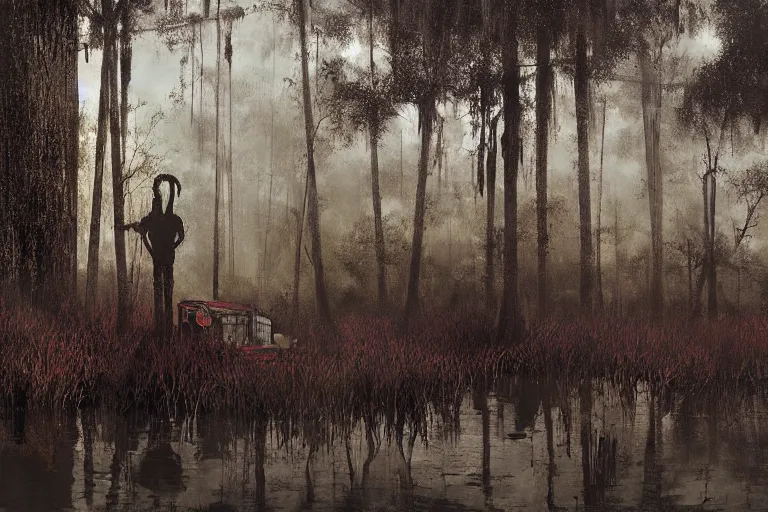 Image similar to scene from louisiana swamps, airboat with neon satanic pentagram, boy scout troop, voodoo artwork by tim eitel