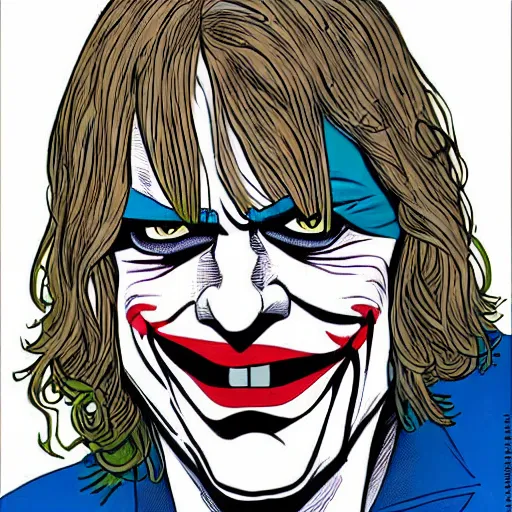 Image similar to dynamic macro head portrait of kurt cobain as the joker by john romita sr and cory walker and ryan ottley and jack kirby and barry windsor - smith, comic, illustration, photo real