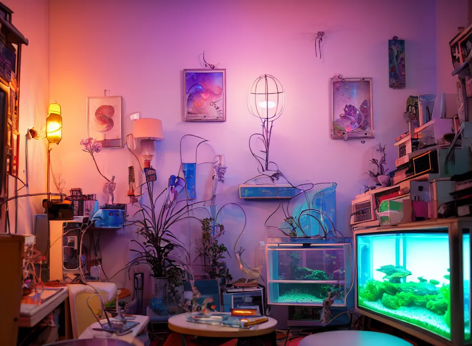 Image similar to telephoto 7 0 mm f / 2. 8 iso 2 0 0 photograph depicting the feeling of chrysalism in a cosy cluttered french sci - fi ( art nouveau ) cyberpunk apartment in a pastel dreamstate art cinema style. ( aquarium, computer screens, window ( city ), leds, lamp, ( ( ( aquarium bed ) ) ) ), ambient light.