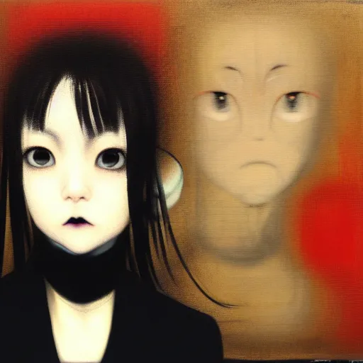 Prompt: yoshitaka amano blurred and dreamy minimalistic three quarter angle portrait of a young woman with black lipstick and black eyes looking up and to the side wearing dress suit with tie, junji ito abstract patterns in the background, satoshi kon anime, noisy film grain effect, highly detailed, renaissance oil painting, weird portrait angle, blurred lost edges