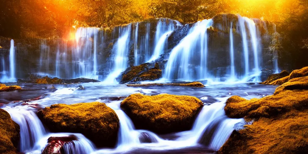 Image similar to golden hour waterfall nature landscape, matt painting, oil painting, ultra realistic, highly detailed, hd, sharp focus, cinematic lighting, warm colors, realistic, photorealistic, vivid colors, painting, non blurry, sharp, smooth, illustration