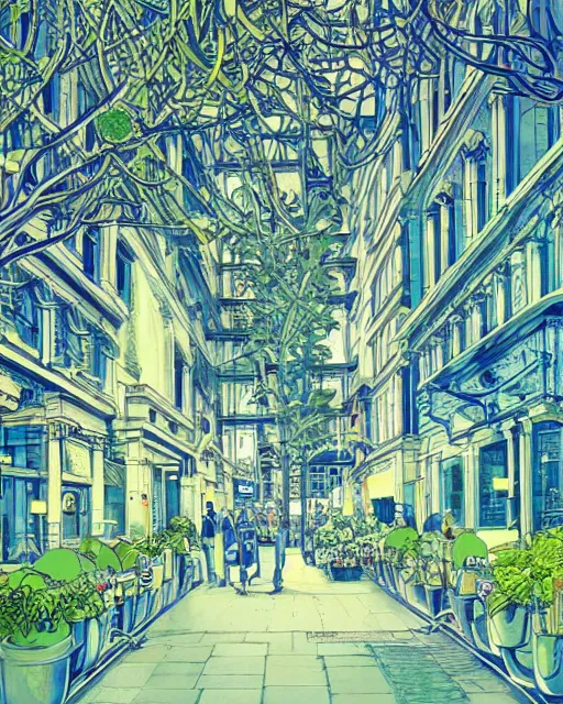 Image similar to london street scene by james jean, green plants, blue light, fine details