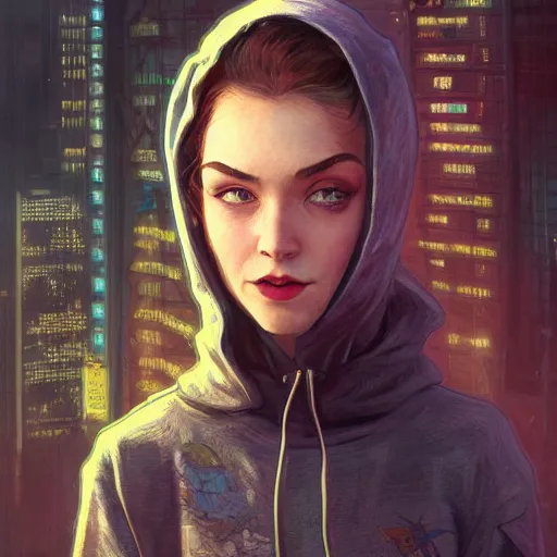 Image similar to character portrait of a 1950s girl in a hoodie, dystopian cyberpunk steampunk mood, intricate, wild, highly detailed, digital painting, artstation, upper body, concept art, smooth, sharp focus, illustration, art by artgerm and greg rutkowski and alphonse mucha