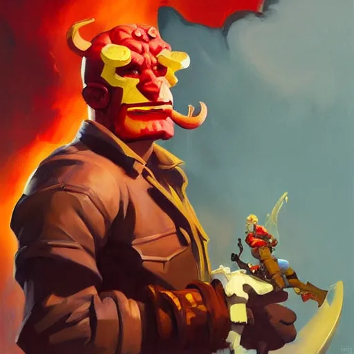 Image similar to greg manchess portrait painting of the hellboy as overwatch character, medium shot, asymmetrical, profile picture, organic painting, sunny day, matte painting, bold shapes, hard edges, street art, trending on artstation, by huang guangjian and gil elvgren and sachin teng