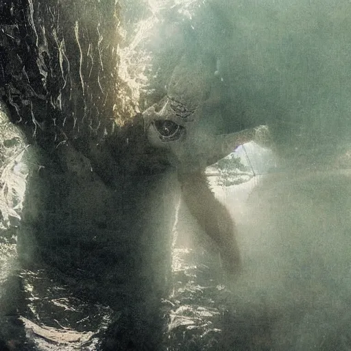 Image similar to sea monster about to eat pov underwater, pale skin, dark yellowish water, foggy water, dark, dramatic,'silent hill ', big eyes, alluring and terrifying, cinematic