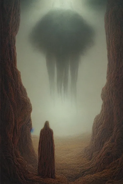 Prompt: a tall terrifying humanoid antler beast looming over a tiny human in a surreal landscape at dusk, cinematic, epic lighting, agostino arrivabene