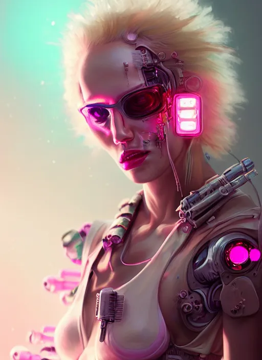 Image similar to soft lustrous full body ivory pink biotech raver gutter punk cyberpunk cyborg bioweapon, golden ratio, details, scifi, fantasy, cyberpunk, intricate, decadent, highly detailed, digital painting, octane render, artstation, concept art, smooth, sharp focus, illustration, art by artgerm, loish, wlop