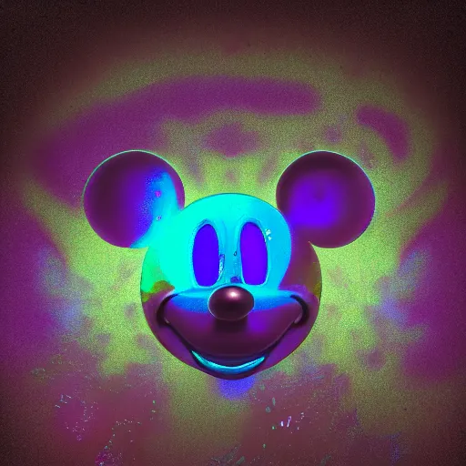 Image similar to counterfeit mickey mouse head, fractal, broken, psychedelic dystopia, wet, mycelium, radiant alien, rococo, baroque, automotive, bio-mechanical, porcelain, iridescent, sub surface scattering, octane render