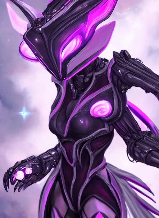 Image similar to cinematic close shot, galactic sized proportional stunning beautiful hot female warframe, sleek mecha goddess dragon head, metal ears, led purple eyes, smooth fuschia skin, smooth silver armor, floating in space, holding a galaxy, epic proportions, epic size, epic detail, furry art, dragon art, giantess art, warframe fanart, furaffinity, octane