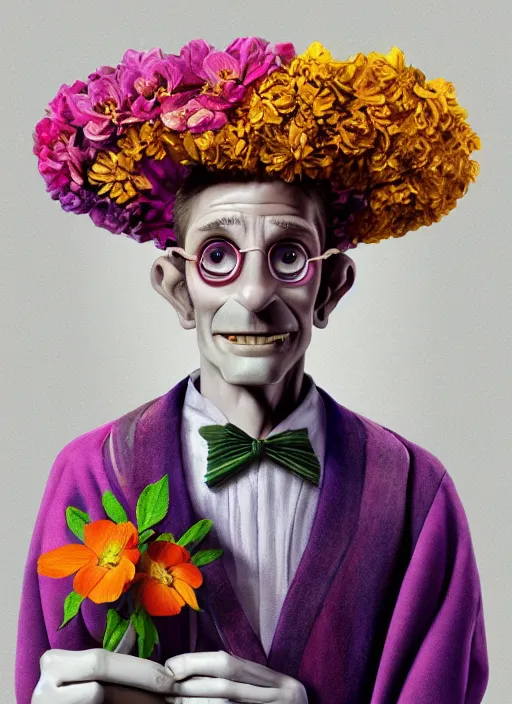 Image similar to an anthropomorphic beautiful male scientist portrait holding a flowers wearing colourful robe, fine art, award winning, intricate, elegant, sharp focus, octane render, hyperrealistic, wizard hat cinematic lighting, highly detailed, digital painting, 8 k concept art, art by jamie hewlett and z. w. gu, masterpiece, trending on artstation, 8 k