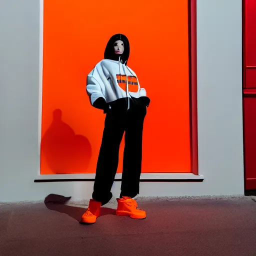 Prompt: un ultra high definition modern streetwear art photographic portrait of a fictional female fine artist named oxoxoxox oxoxox standing outside her london home wearing all orange. three point light. golden hour, golden ratio, ray tracing, volumetric light and shadow, shallow depth of field.
