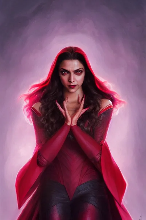 Image similar to Deepika Padukone as Scarlet Witch, Scarlet Witch costume, Deepika Padukone Face, villany, portrait, masculine figure, highly detailed, digital painting, artstation, concept art, smooth, sharp focus, illustration, cinematic lighting, art by artgerm and greg rutkowski and alphonse mucha