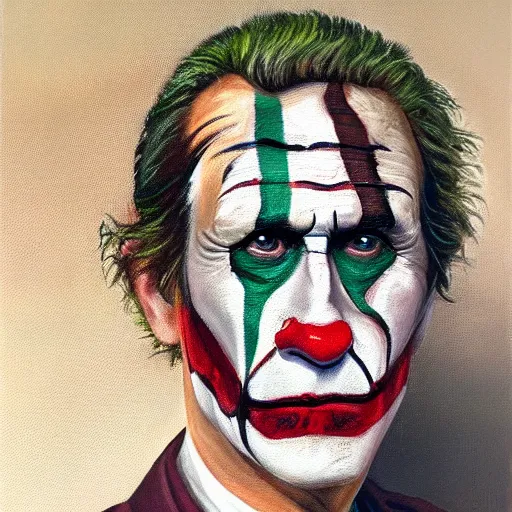 Prompt: oil painting portrait of julius caesar with joker's face paint on his face, 8 k, very detailed, very intricate,