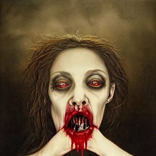 Image similar to a hyperrealistic portrait painting of a beautiful female vampire, blood dripping from her mouth, standing in the moonlight, by santiago caruso, highly detailed,