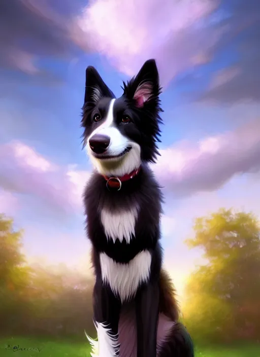 Image similar to wide angle beautiful full body portrait of a cute anthropomorphic anthro male border collie fursona with two legs posing in front of a park, character design by charlie bowater, henry asencio, and ross tran, furry art, furaffinity, scenic background, beautiful, glamor pose, detailed, aesthetic, trending on artstation