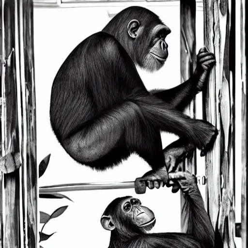 Image similar to A chimpanzee constructing a house, 1960s poster style