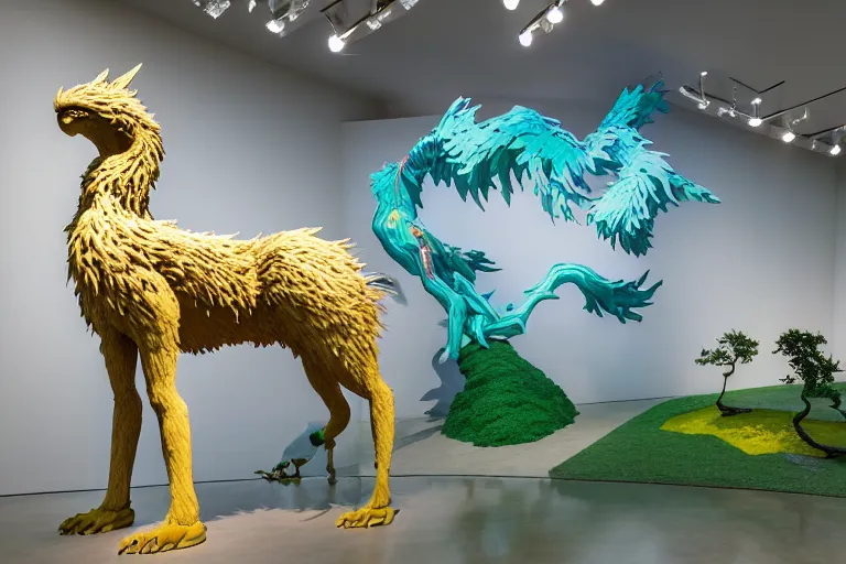 Prompt: overview wide of a stunning lyrical giant living sculpture of a griffin born from forest by james prosek and studio ghibli and, zhelong xu and ghibli in a modern museum installation. smooth colors gradient