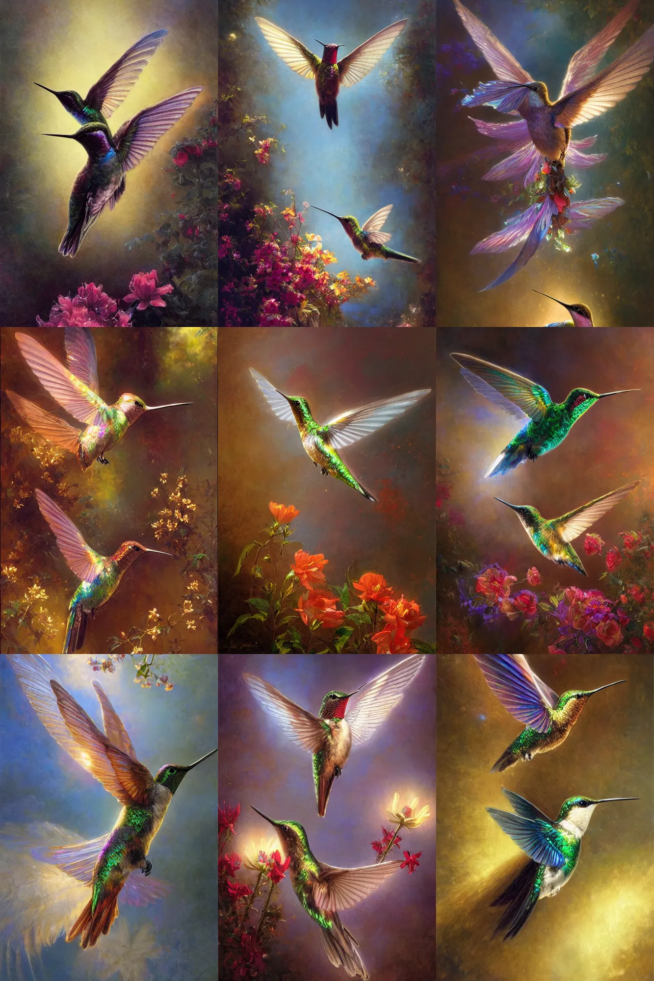 Image similar to hummingbird sipping nectar from flowers, open wings, iridescent metallic feathers radiant light, caustics, heroic, bright iridescent light, by gaston bussiere, bayard wu, greg rutkowski, maxim verehin bloom dramatic lighting