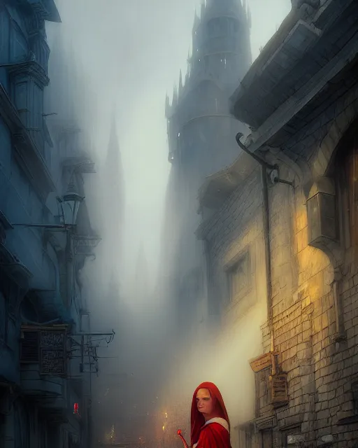 Image similar to mage, woman, portrait, dirty alley, a beautiful fantasy city, made from white stone and bright gold, built on the side of a volcano, gondor, misty, red sky, medieval city, metropolis, gorgeous clouds, god rays, fantasy art, octane render, ureal engine, high detail, alphonse mucha, greg rutkowski, james gurney, johannes voss