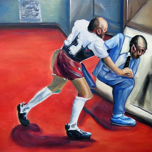 Image similar to a detailed painting of joel glazer being punished