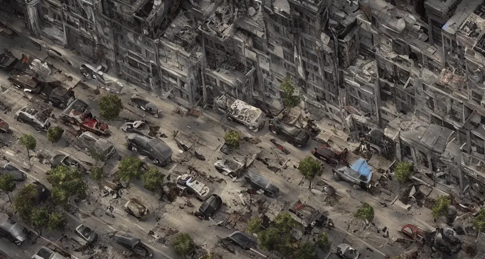 Prompt: aerial view of dilapidated zombie - apocalypse new york city in real life, desolate with zombies, dilapidated, zombies in the streets, nightmarish, some rusted style parked vehicles, sunny weather, few clouds, volumetric lighting, photorealistic, daytime, autumn, sharp focus, ultra detailed, cgsociety