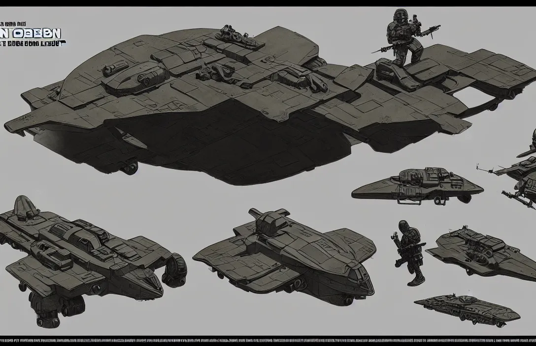Image similar to ron cobb design of an advanced combat swat carrier hovercraft, a shot from a neil blombkamp movie, game and movie props and environment design, high - end, high detail, marker rendering, deviant art trending,