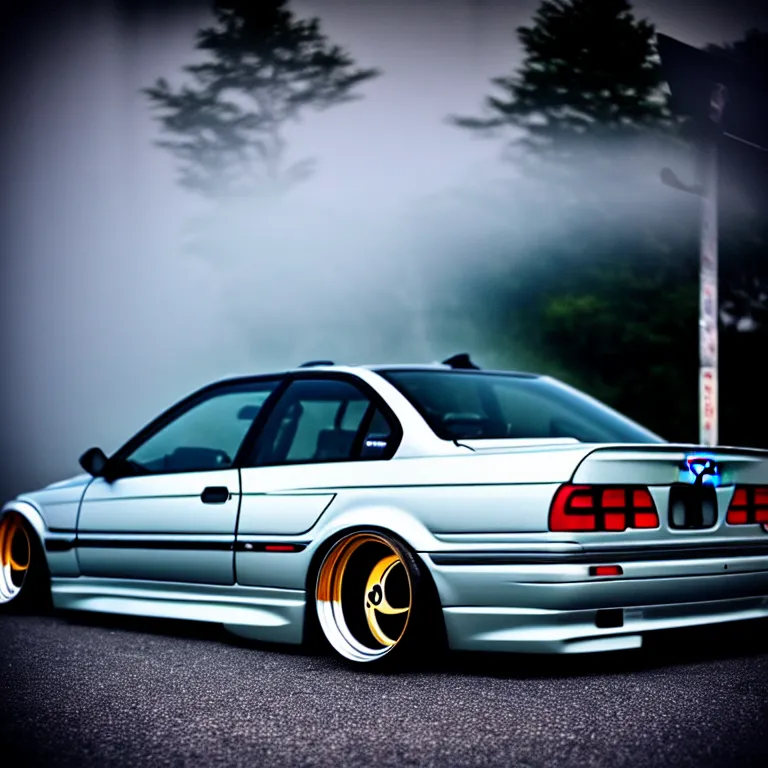 Prompt: close-up-photo BMW E36 illegal JDM meet, Saitama prefecture, misty night, cinematic color, photorealistic, high detailed wheels, highly detailed