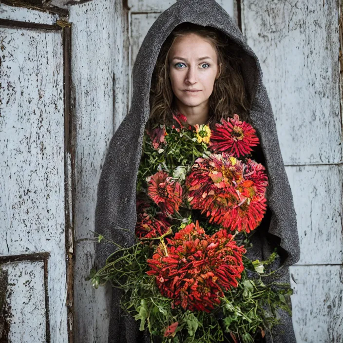 Image similar to a closeup portrait of a woman wearing a hooded cloak made of zinnias and barbed wire, in a derelict house, by Helen Warner, natural light, detailed face, CANON Eos C300, ƒ1.8, 35mm, 8K, medium-format print