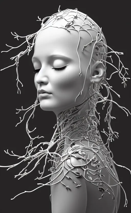 Prompt: black and white complex 3d render of 1 beautiful profile woman porcelain face, vegetal dragon cyborg, 150 mm, sinuous silver metallic ghost orchid flower stems, magnolia, roots, leaves, foliage, greenery, fine lace, maze-like, mandelbot fractal, anatomical, facial muscles, cable wires, microchip, elegant, highly detailed, black metalic carbon armour with silver details, rim light, octane render, H.R. Giger style, David Uzochukwu