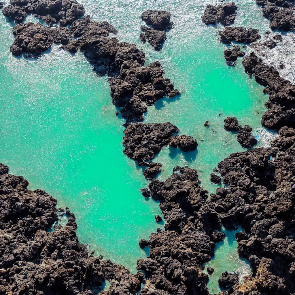 Prompt: birds eye view tide pools, clear pools of water with swirling sea foam, dark black smooth obsidian boulders, floating kelp, small fishes, octopus