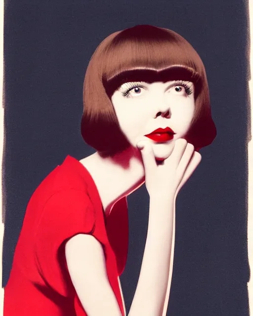 Prompt: colleen moore 2 5 years old, bob haircut, portrait casting long shadows, resting head on hands, by ross tran, reddress, 1 9 8 0 s airbrush