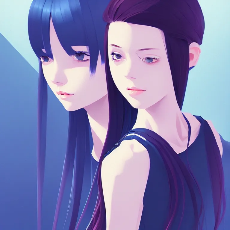 Image similar to urban high school girl in shirt fanart, dark blue long hair, muted colors, matte print, pastel colors, ornate, digital art, digital painting, fan art, elegant, artstation, by Ilya Kuvshinov