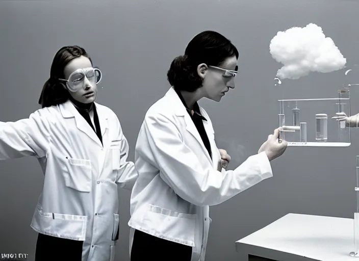 Prompt: realistic photo two female scientists doing an experiment with a cloud 1 9 9 0, life magazine reportage photo